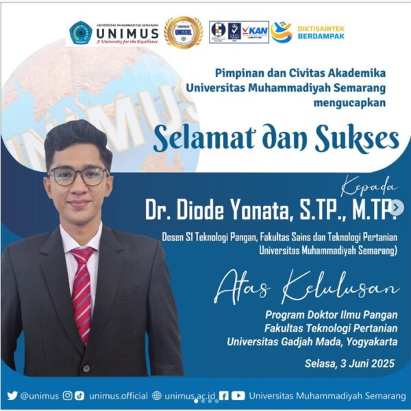 Dosen Teknologi Pangan Unimus Tambah Doktor Baru; Dr. Diode Yonata, STP, MTP