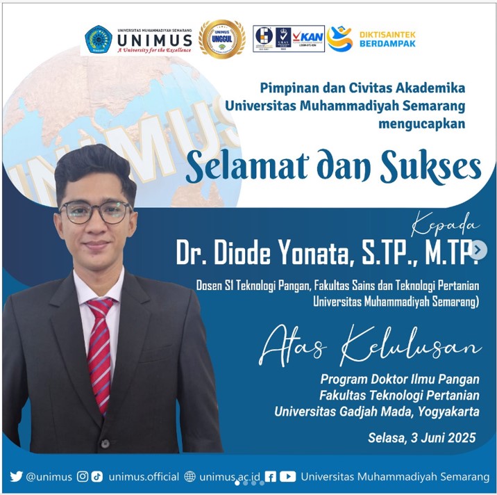 Read more about the article Dosen Teknologi Pangan Unimus Tambah Doktor Baru; Dr. Diode Yonata, STP, MTP